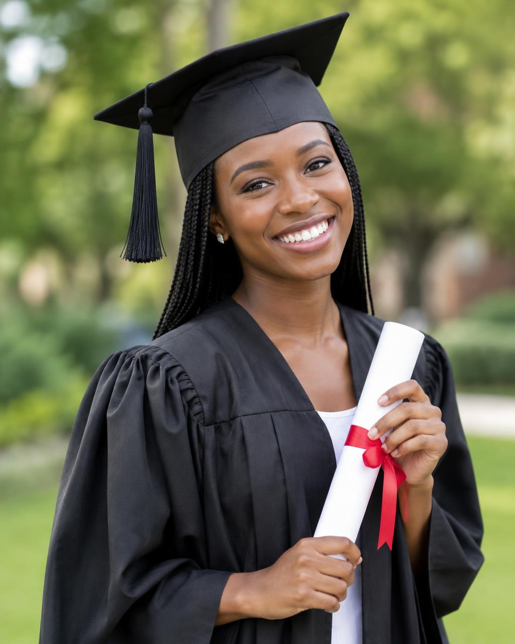 A smiling graduate celebrating after completing her course